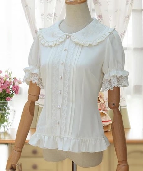ホワイト 半袖 薔薇刺繍 ドールカラー レース パフスリーブ ロリィタ ブラウス 暗香 XL [LO107]