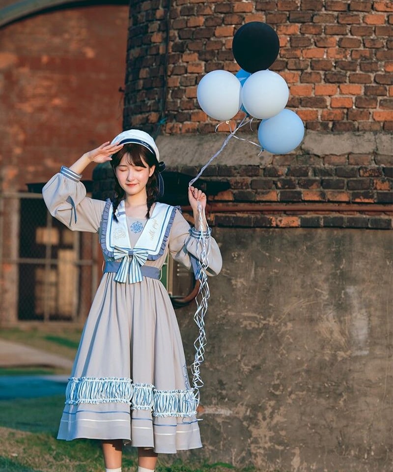 グレー＆ブルー セーラーカラー ロリィタドレス ワンピース（环岛日记