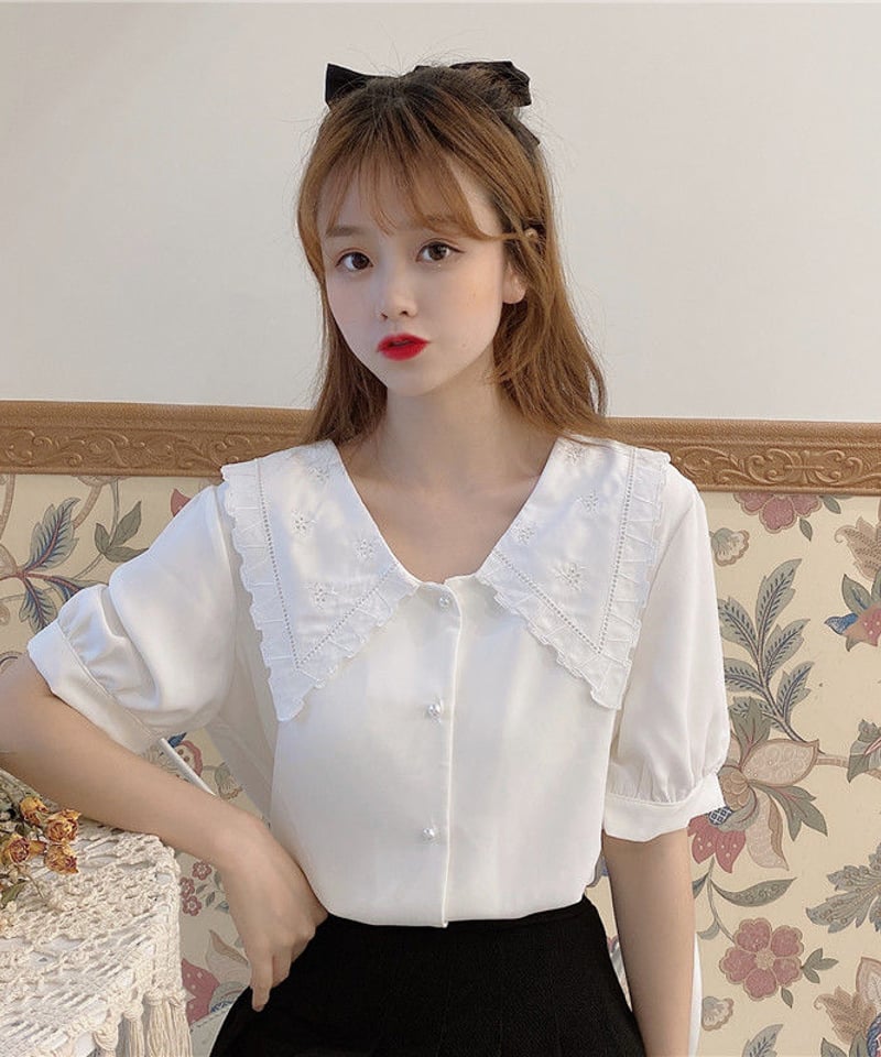 ホワイト 三角フリル襟 半袖 パフスリーブ ブラウス ワンサイズ [BL252