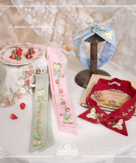 la poésie de camélia いちご 刺繍ロリィタ 刺繍ベルト・三角巾・ヘアバンド[LO474]