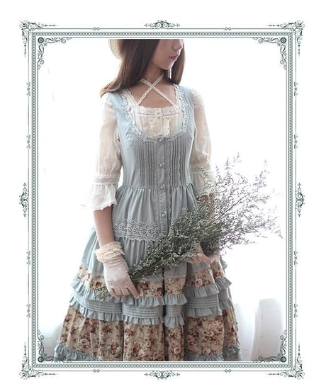 Jewelry in Sunrise -Jenny and Mentha Tea- グレーグリーン クラシック ロリータ ジャンパースカート ドレス ワンピース XL[LO50]