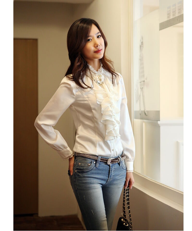 大きな胸元フリル サテン 長袖 ブラウス XXL [BL57] | Roses on the