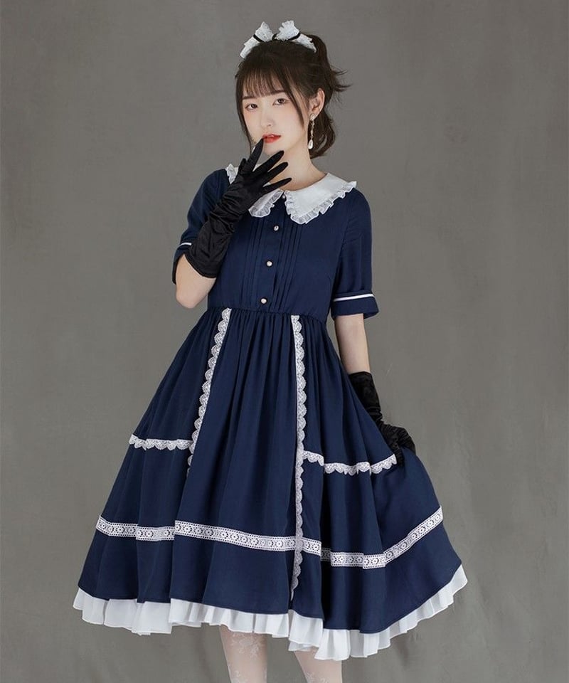 Merody Bas Ket ロリータ服　ネイビー　Lサイズ ネイビー フリルドールカラー クラシックロリィタ 半袖