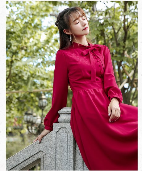 レッド ボウタイ シフォン 刺繍 レトロ ロングワンピース XL [OP20]