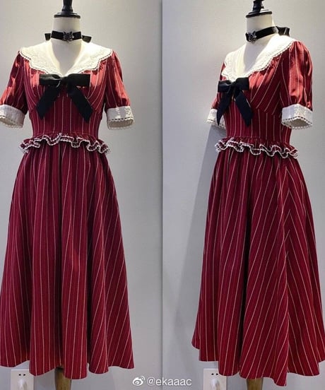 薔薇往事 ストライプ 刺繍レースドールカラー ペプラムフリル クラシック ロリィタ ワンピース XXL [LO176]