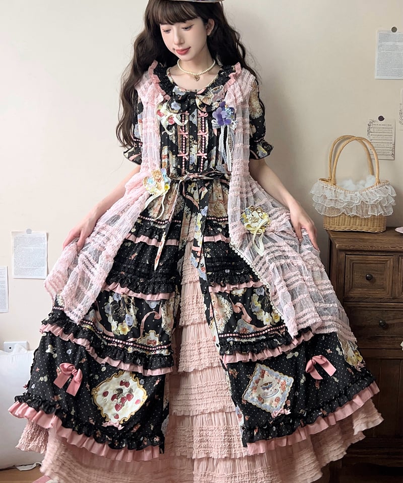 【美品】薔薇のお茶会ワンピース/ロリィタ/半袖/リボン Miss Point 猫とバラのお茶会 ロリィタドレス DX版 前あき