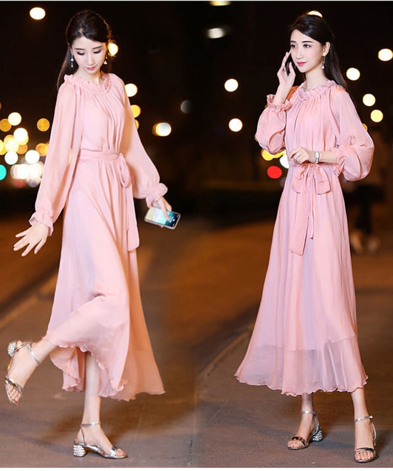 ピンク シフォン パフスリーブ ロングワンピース フリーサイズ ピンク シフォン パフスリーブ ロングワンピース フリーサイズ