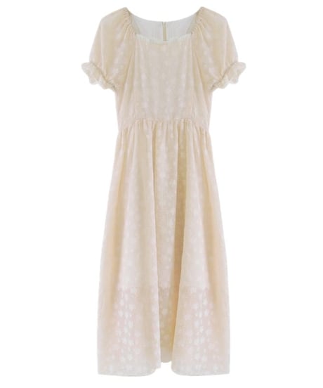 アイボリー スクエアネック 花柄レース 清楚な 半袖ワンピース XL [OP301]