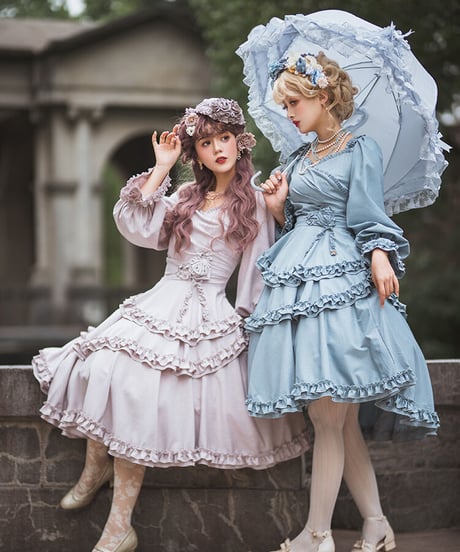 いばら姫 アッシュブルー ロリィタドレス ワンピース＋帽子 2XL [LO232]