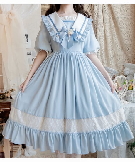 生如夏花 大きなパフスリーブとセーラーカラーのロリィタドレス ワンピース XL [LO160]