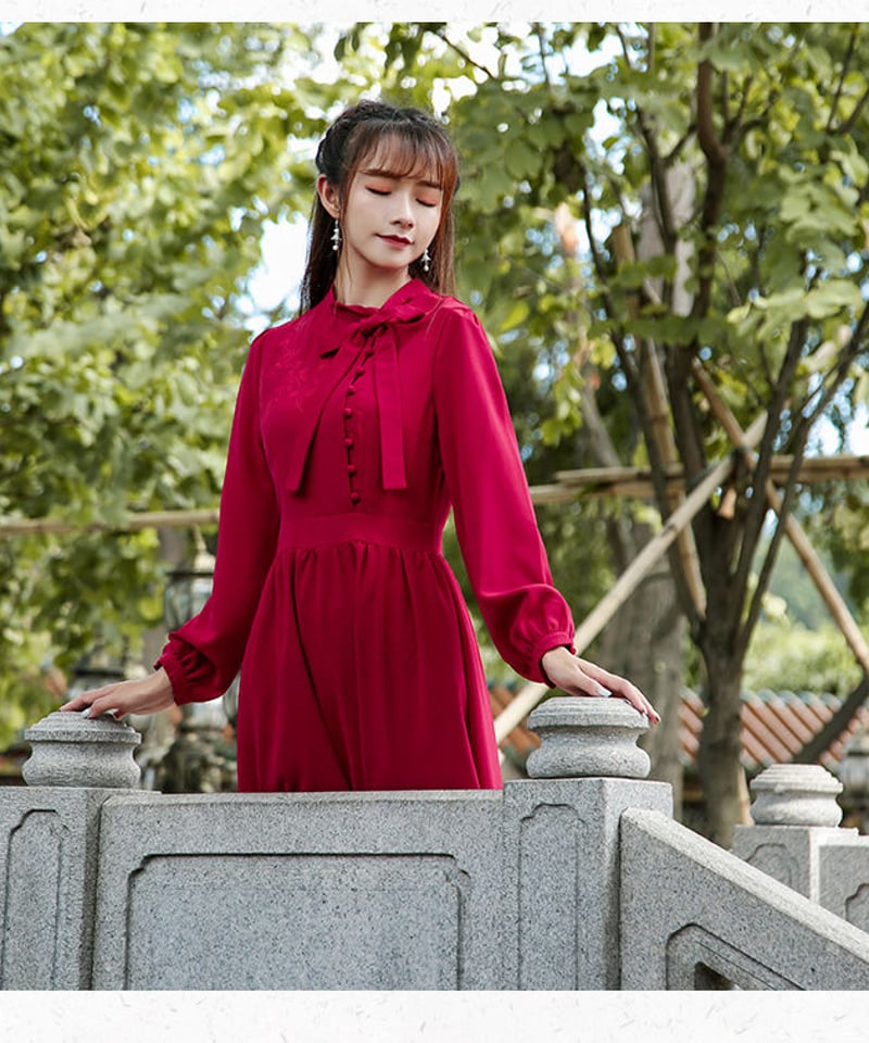 レッド ボウタイ シフォン 刺繍 レトロ ロングワンピース XL [OP20