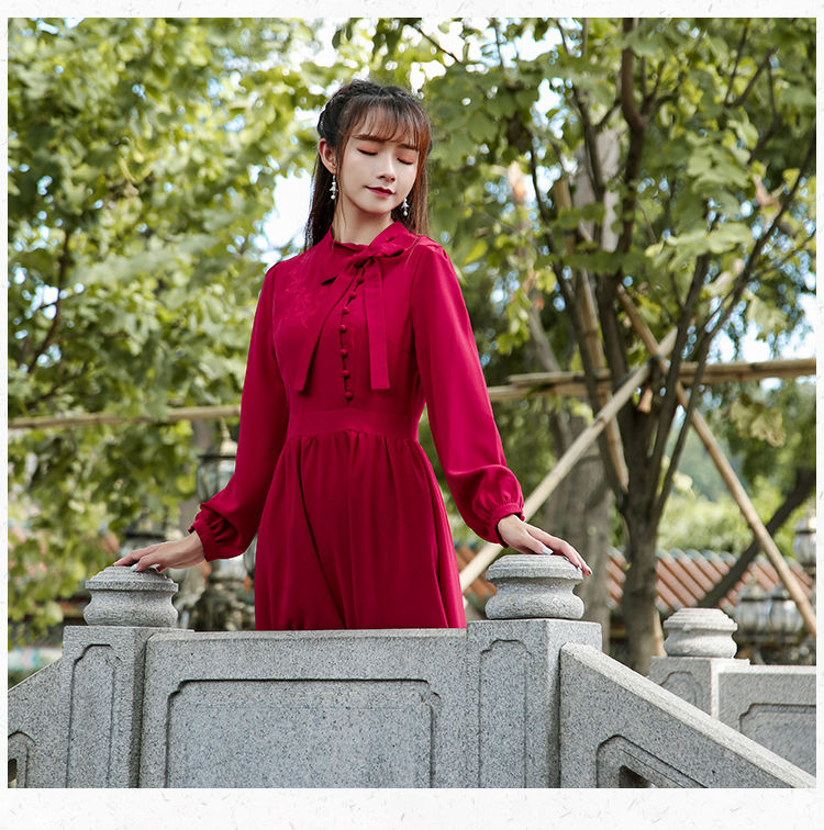 レッド ボウタイ シフォン 刺繍 レトロ ロングワンピース XL [OP20