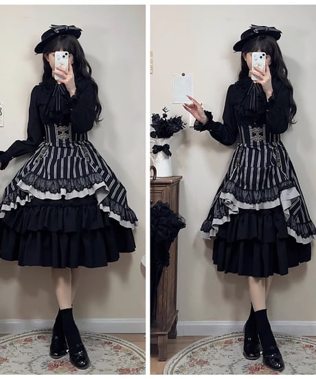 Miss Point / Point Manor クラシックロリィタ 黒白ストライプSP版 長袖ワンピース、コルセットスカート  [LO622]