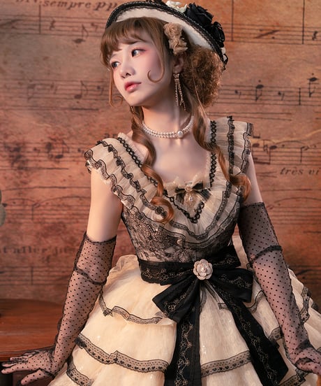 Fantastic Wind / Camellia Old Story V字フリル襟レトロ段々ドレス XL [LO1088]