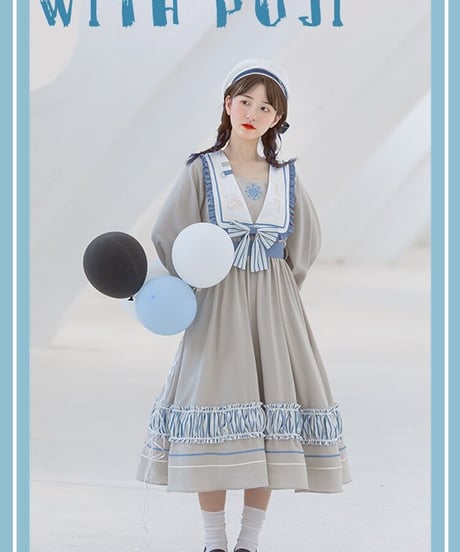 グレー＆ブルー セーラーカラー ロリィタドレス ワンピース（环岛日记op ） L [LO272]