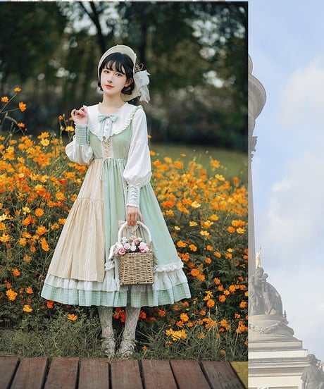 ライトグリーン チェック生地をアクセントにした 丸ヨークのかわいい クラシックロリィタドレス 鳴谷op L [LO146]