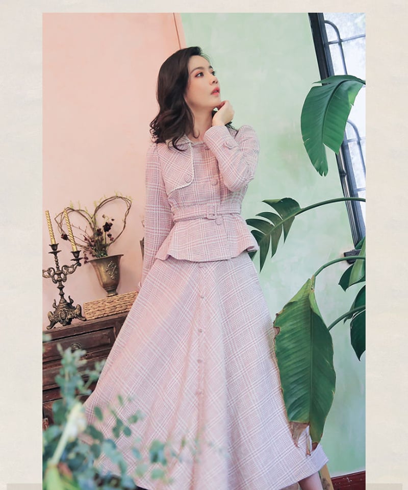 ピンク グレンチェック レトロなロングスカート スーツ XL [OP104