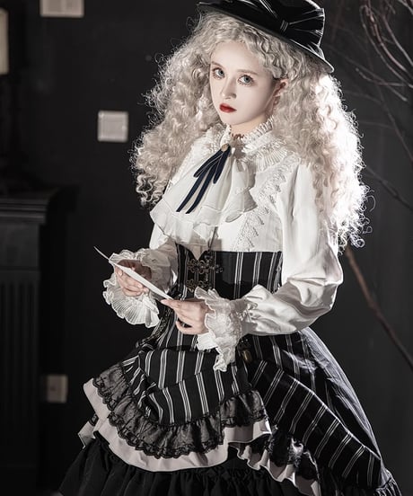 Miss Point / Point Manor クラシックロリィタ 黒白ストライプSP版 長袖ワンピース、コルセットスカート  [LO622]
