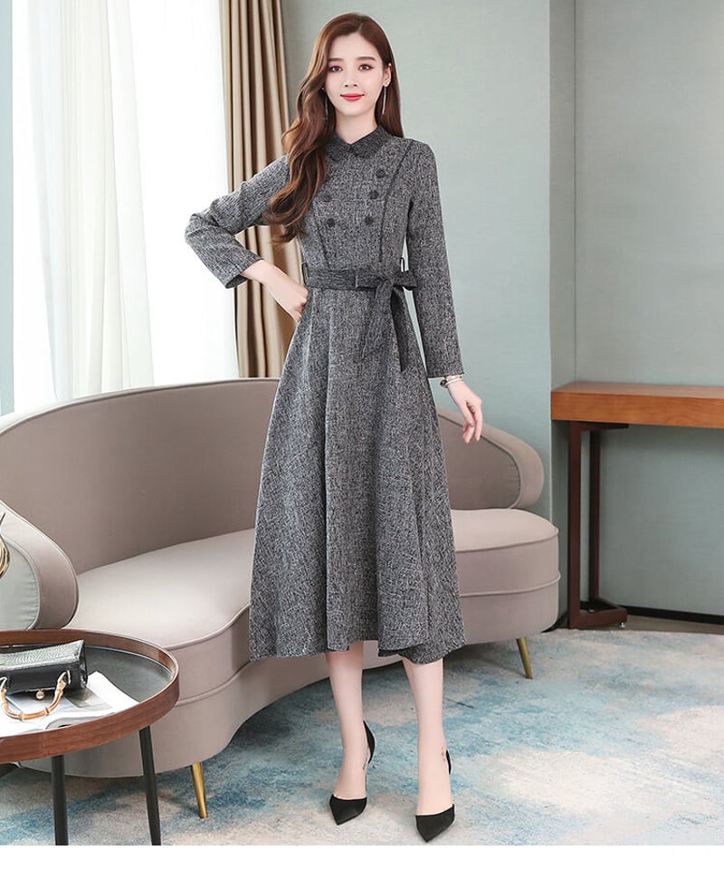 グレーツイード レトロなカレッジ風 ドールカラーのロングドレス