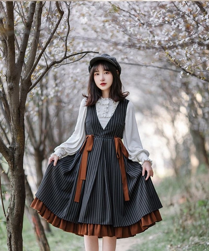 かなん】ロリィタJSK ブラウス ボンネット 懐古 ブラック 甘ロリ か