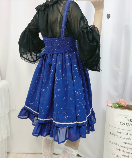 ロリィタ 星座柄 リボンストラップ スリム シフォン JSK ストラップドレス ワンピース ワンサイズ[LO132]