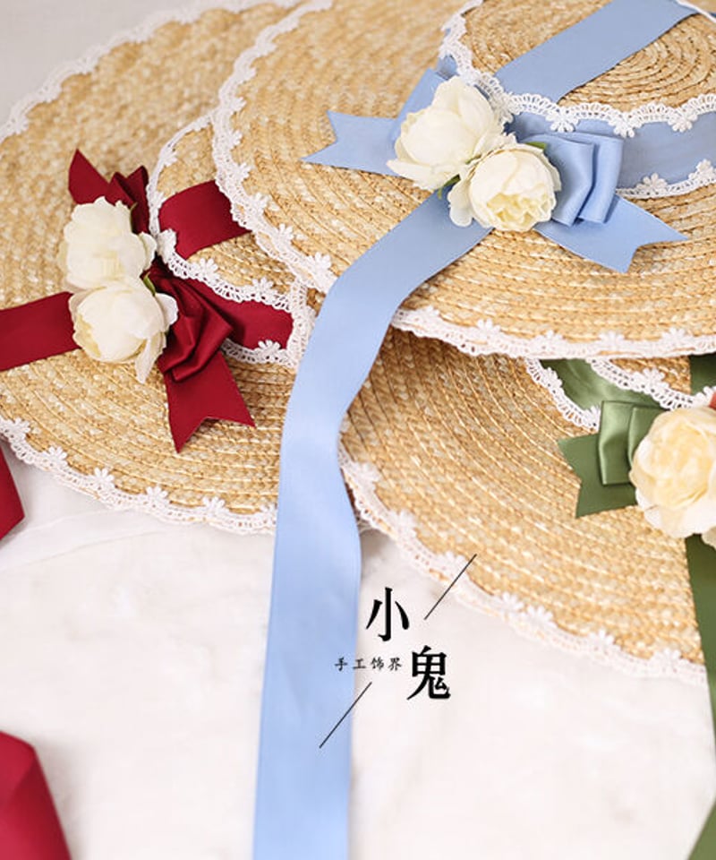 サテンリボン 麦わら フラットハット ロリィタ ドレスハット [LO258