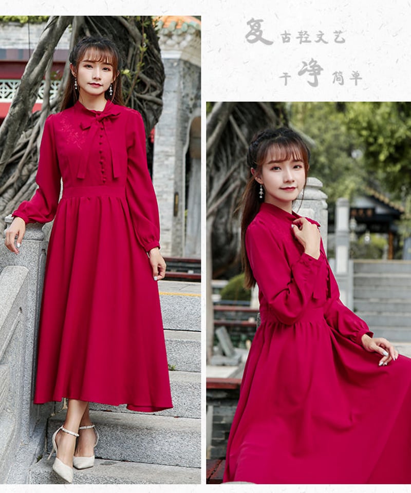 20 レッドヴァレンティノ ドレス ロング ワンピース 花 刺繍 大きい XL レッド ボウタイ シフォン 刺繍 レトロ ロングワンピース XL [OP20