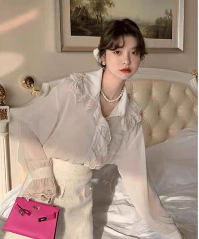 アプリコット シースルー フリルドールカラー ブラウス XL