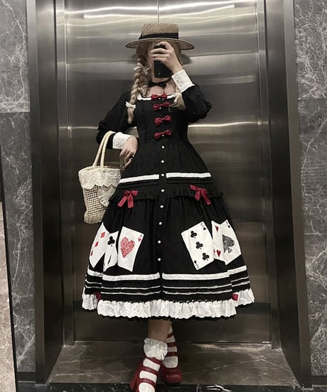 Beleganty Lolita / トランプ パッチ刺繍 アリス コットン ビッグスイング ドレス セット [LO617]