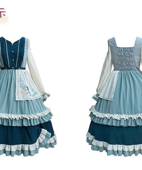 ブルー Vネック クラシックロリィタ 刺繍スカート シフォン スリット入フレア長袖ワンピース カササギ L [LO136]
