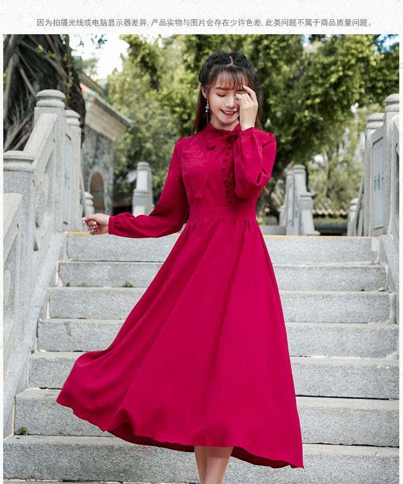 レッド ボウタイ シフォン 刺繍 レトロ ロングワンピース XL [OP20