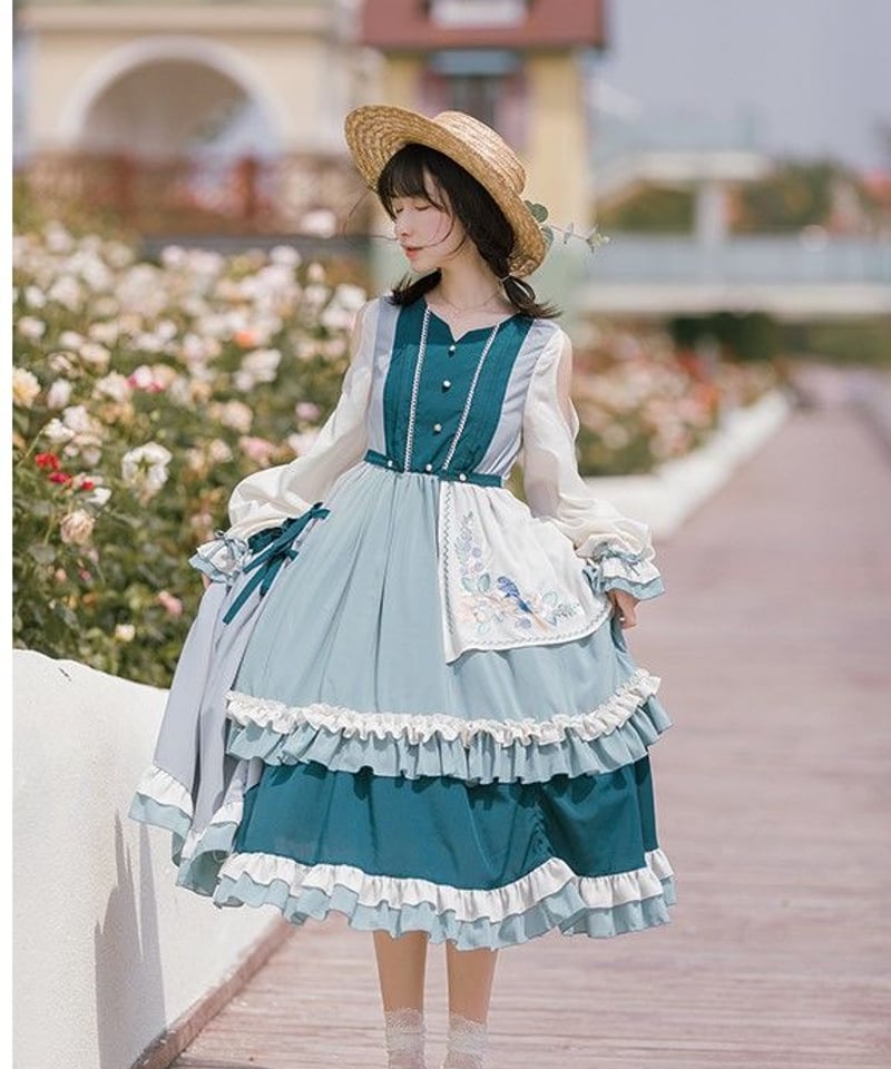 ブルー Vネック クラシックロリィタ 刺繍スカート シフォン スリット入 