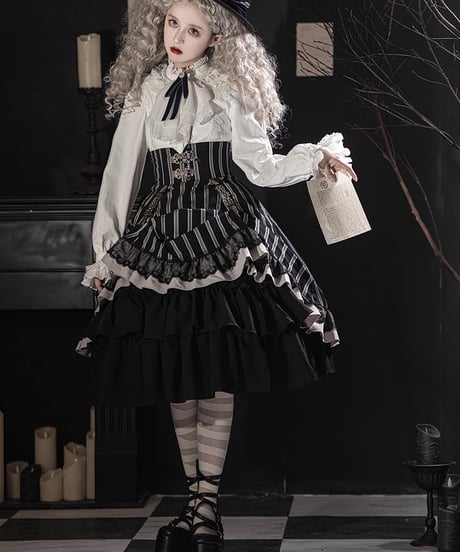 Miss Point / Point Manor クラシックロリィタ 黒白ストライプSP版 長袖ワンピース、コルセットスカート  [LO622]