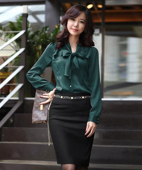 サテン ボウタイ 長袖 ブラウス XXL [BL58]