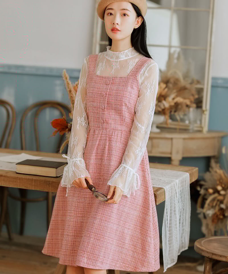 かわいいピンクのチェック柄のレトロなジャンパースカート XL [OP146