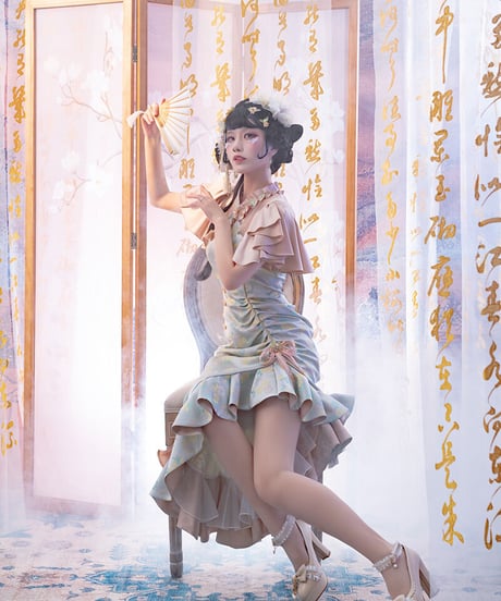 Fantastic Wind 長春花 たくし上げ フィッシュテール チャイナドレス [LO549]