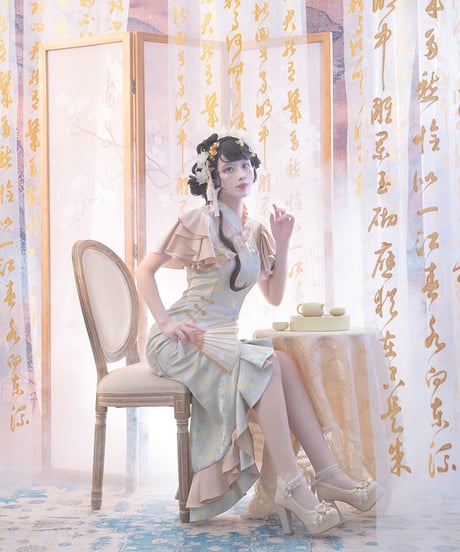 Fantastic Wind 長春花 たくし上げ フィッシュテール チャイナドレス [LO549]
