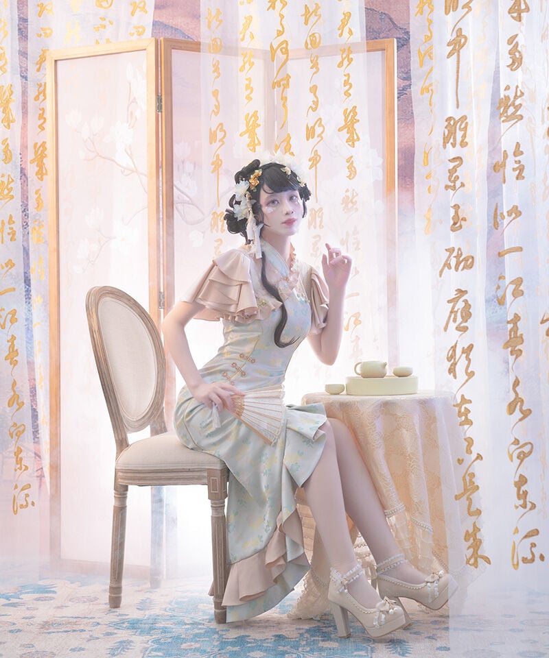 レトロ チャイナ風 フィッシュテールドレス 上品 パステルカラー Fantastic Wind 長春花 たくし上げ フィッシュテール チャイナ