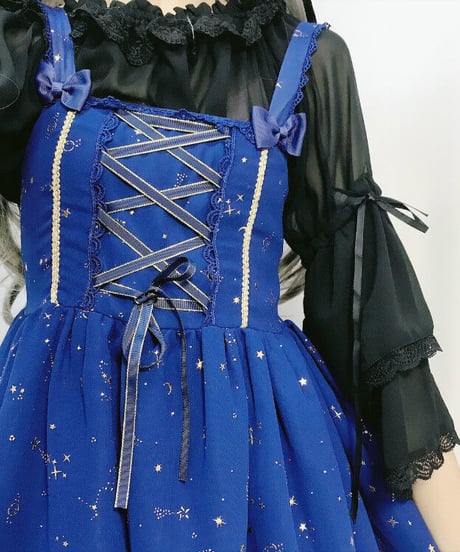 ロリィタ 星座柄 リボンストラップ スリム シフォン JSK ストラップドレス ワンピース ワンサイズ[LO132]