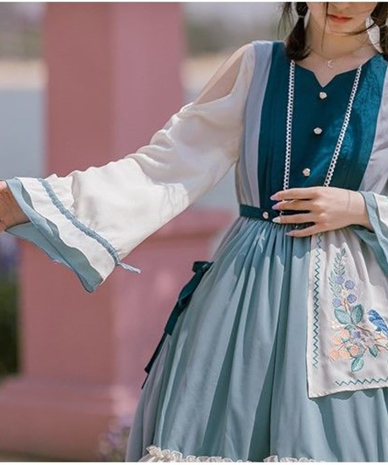 ブルー Vネック クラシックロリィタ 刺繍スカート シフォン スリット入 