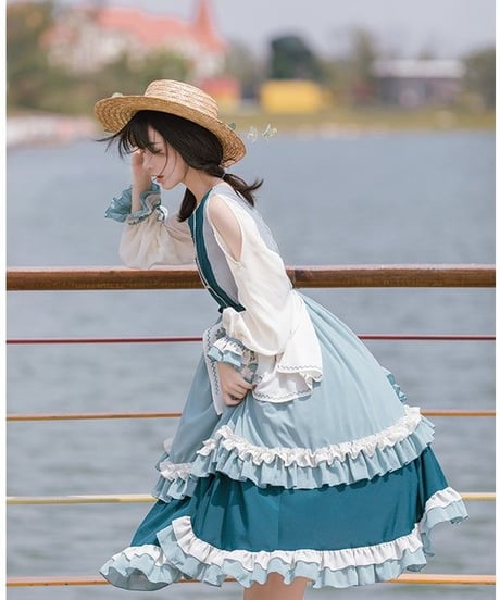 ブルー Vネック クラシックロリィタ 刺繍スカート シフォン スリット入フレア長袖ワンピース カササギ L [LO136]