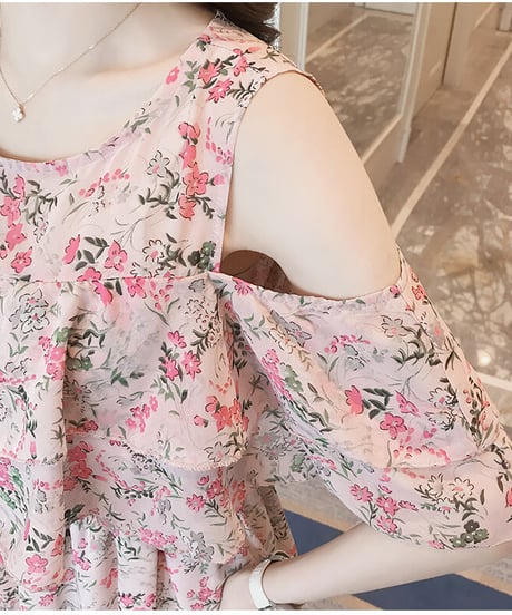 オープンショルダー 花柄 産後向けの シフォンワンピース 授乳口つき [OP176]