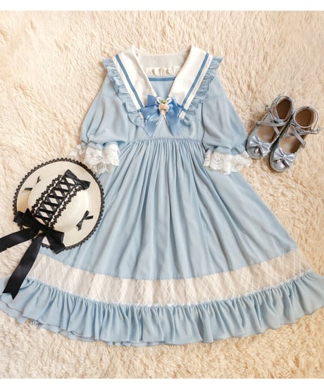 生如夏花 大きなパフスリーブとセーラーカラーのロリィタドレス ワンピース XL [LO160]