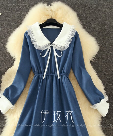 白別布 レースドールカラー コーデュロイ ロングワンピース  2XL [OP312]