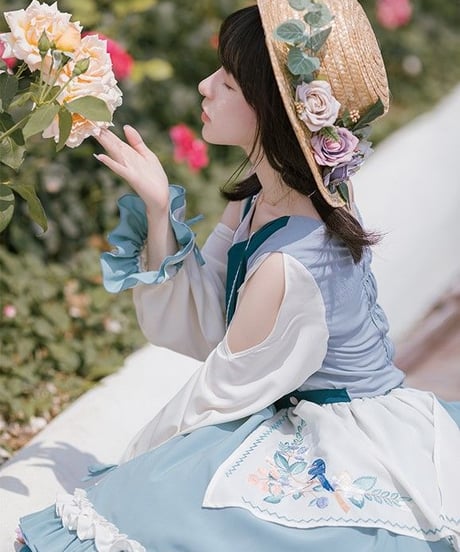 ブルー Vネック クラシックロリィタ 刺繍スカート シフォン スリット入フレア長袖ワンピース カササギ L [LO136]