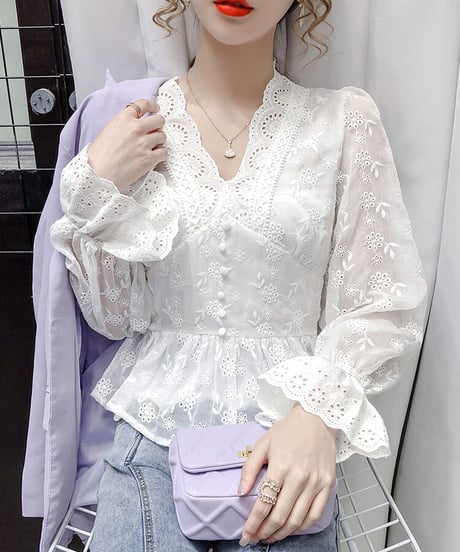 ホワイト Vネック刺繍レース キャンディスリーブ ブラウス XL [BL263]
