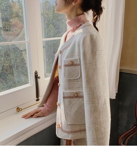 アイボリー 毛混紡 小香風スーツ L サイズ [OP315]