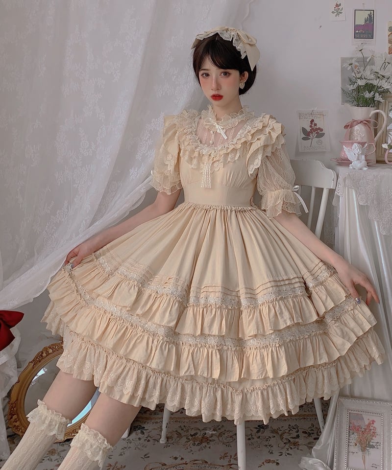 春のアンOP クラシカル ロリィタワンピース Vネック ショート丈