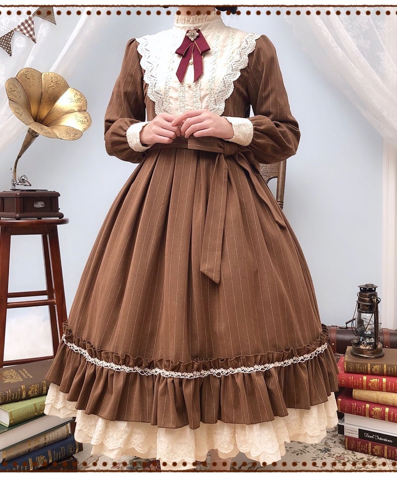 Victorianmaidenクラシカルロリータワンピースドレス薔薇柄ブラウン Victorianmaidenクラシカルロリータワンピースドレス薔薇柄ブラウン