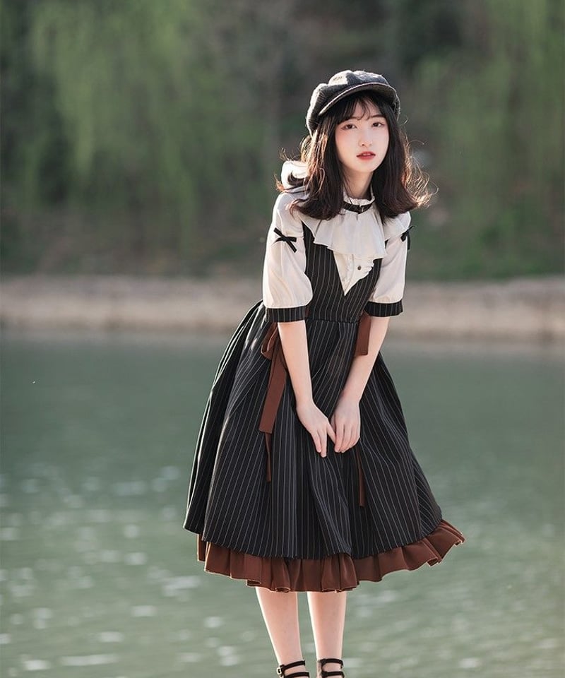 【かなん】ロリィタJSK ブラウス ボンネット　懐古　ブラック 甘ロリ ゴスロリ・ロリータドレス ピンク・黒 JSK ボンネット付き 甘